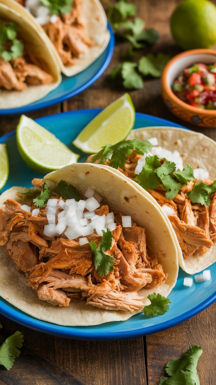 Flavorful Instant Pot Chicken Carnitas Tacos A colorful plate of chicken carnitas tacos with toppings, served with lime and salsa on a rustic table.